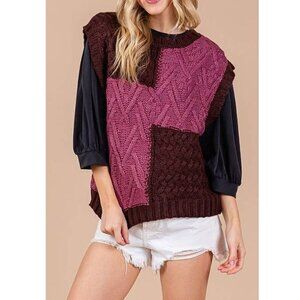 Boutique Casual Plum Brown Color Block Cable-Knit Sweater Vest